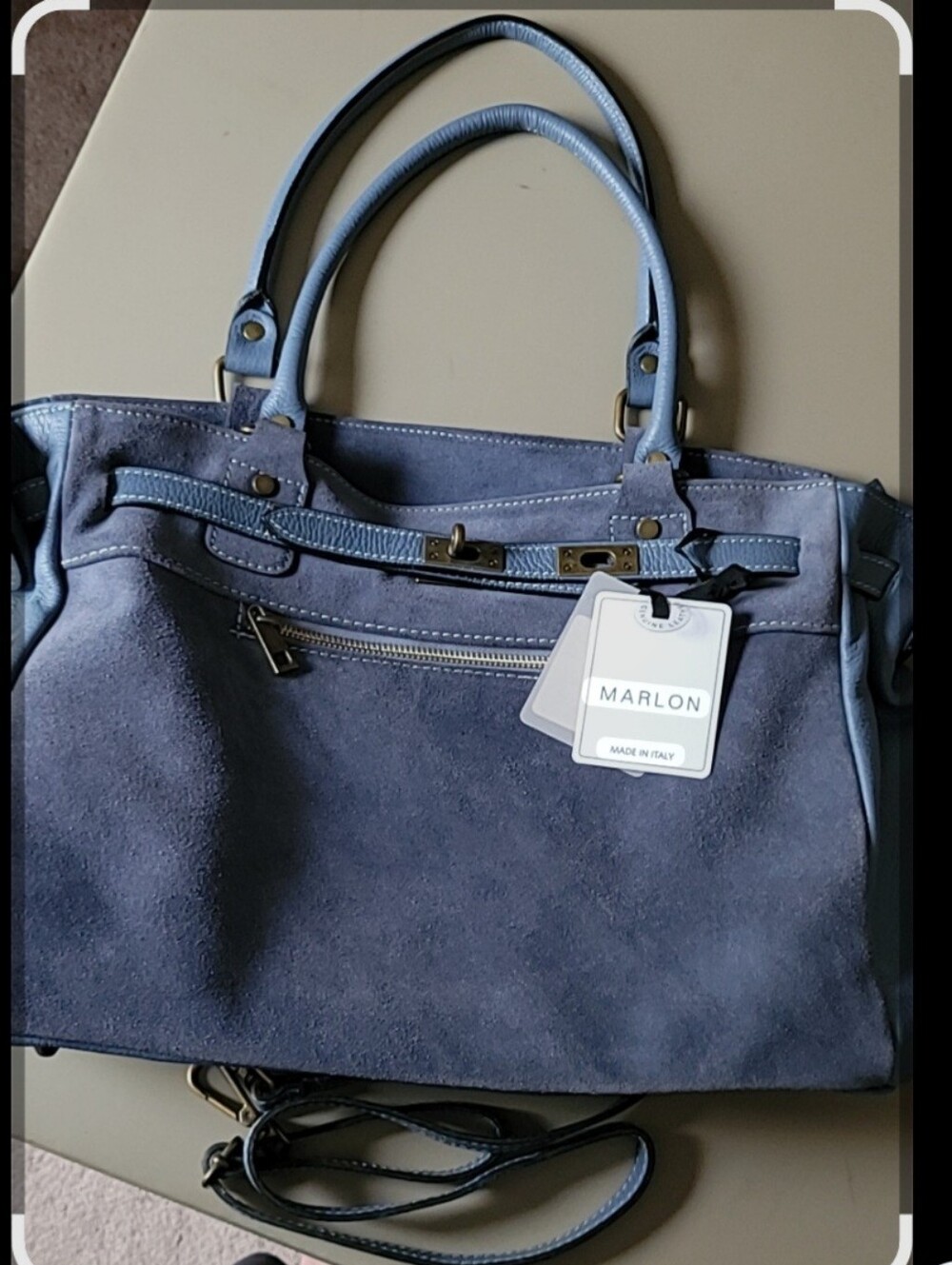 NWT - Marlon Blue Suede & Leather Tote Handbag - Elegant Everyday Carryall.